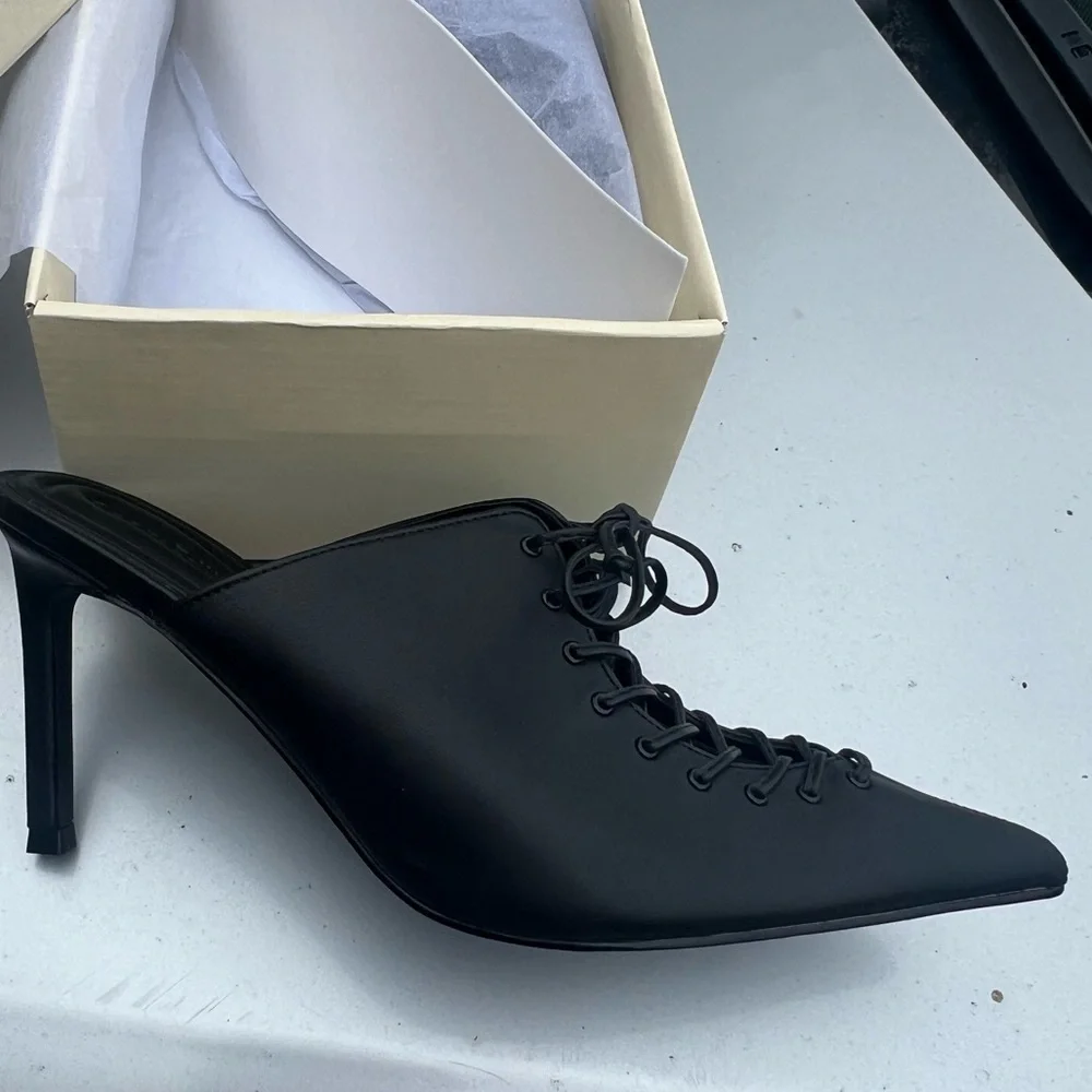 🆕OPEN EDIT Natalya Black Leather Lace Up Pointed Toe Mule Stiletto Pumps::NIB: